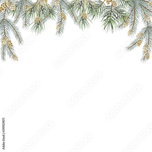 Watercolor Christmas Border illustration. Woodland Fir Branch, Cone ClipArt. Green Pine Tree branch. Holiday winter card.