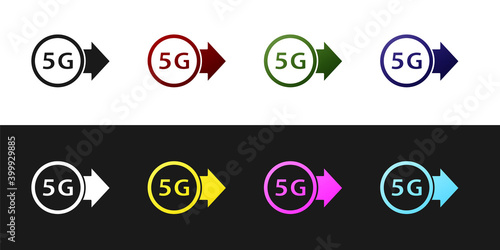 Set 5G new wireless internet wifi connection icon isolated on black and white background. Global network high speed connection data rate technology. Vector.
