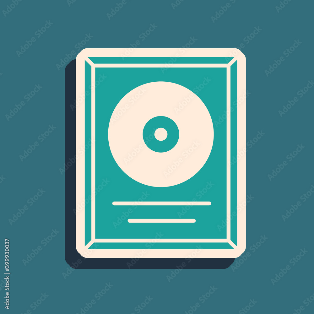 Green CD disk award in frame icon isolated on green background. Modern ceremony. Best seller. Musical trophy. Long shadow style. Vector. Green CD disk award in frame icon isolated on green background. Modern ceremony. Best seller. Musical trophy. Long shadow style. Vector.