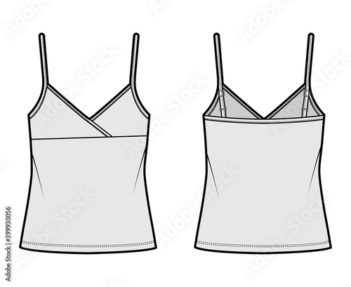 Camisole surplice tank cotton-jersey top technical fashion illustration with empire seam, thin adjustable straps, oversized. Flat outwear template front, back, grey color. Women men CAD mockup