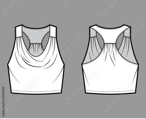 Tank racerback cowl crop top technical fashion illustration with ruching, oversized, waist length. Flat apparel outwear shirt template front, back, white color. Women, men unisex CAD mockup