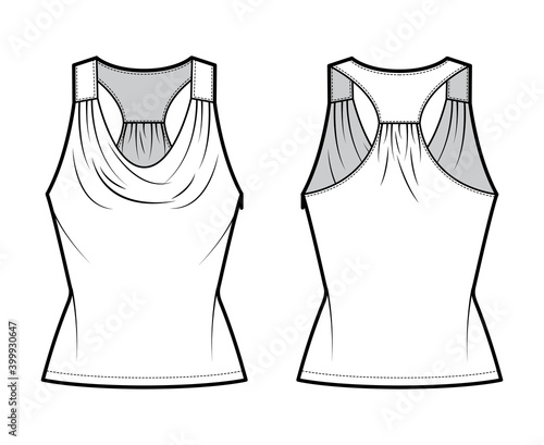 Tank racerback cowl top technical fashion illustration with ruching, fitted body, tunic length. Flat apparel outwear shirt template front, back, white color. Women, men unisex CAD mockup