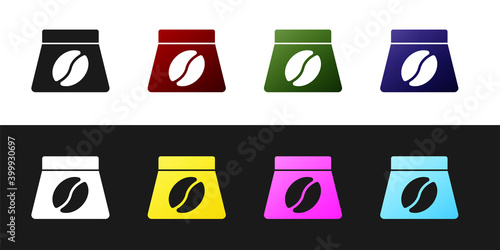 Set Bag of coffee beans icon isolated on black and white background. Vector.