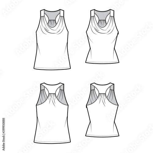 Set of Tanks racerback cowl crop tops technical fashion illustration with ruching, oversized and fitted body, tunic length. Flat outwear shirt template front, back, white color. Women, men CAD mockup