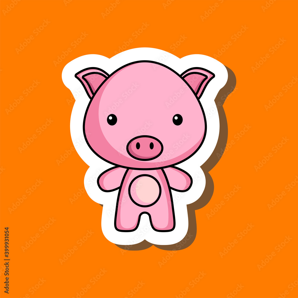Cute cartoon sticker little pig. Mascot animal character design for for kids cards, baby shower, posters, b-day invitation, clothes. Colored childish vector illustration in cartoon style.