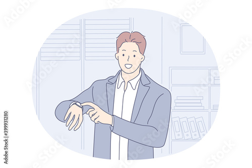 Time management, wristwatch, being on time concept. Young smiling businessman office worker standing and pointing on watch on hand meaning punctuality and deadline finish on work vector illustration 