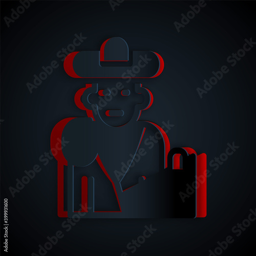 Paper cut Spain bullfight, matador icon isolated on black background. Traditional Spanish entertainment. Paper art style. Vector.