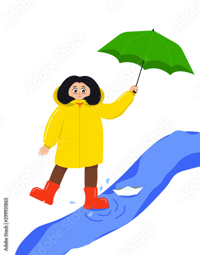 Little girl with a green umbrella in the rain in a yellow raincoat and rubber boots. She gallops through the puddles and launches the boat along the stream. Flat illustration in vector.