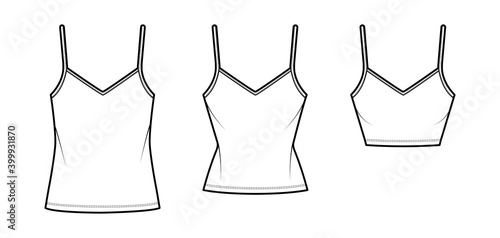 Set of Camisoles V-neck cotton-jersey top technical fashion illustration with thin straps, oversized or slim body, tunic or crop length. Flat tank template front white color. Women men CAD mockup
