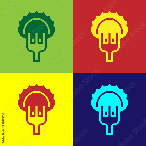Pop art Dumplings on fork icon isolated on color background. Pierogi, varenyky, pelmeni, ravioli. Traditional Ukrainian food. Vector.