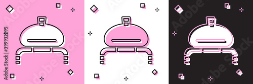 Set Bread and salt on towel icon isolated on pink and white, black background. National food loaf. Traditional ukrainian wedding bread. Vector.