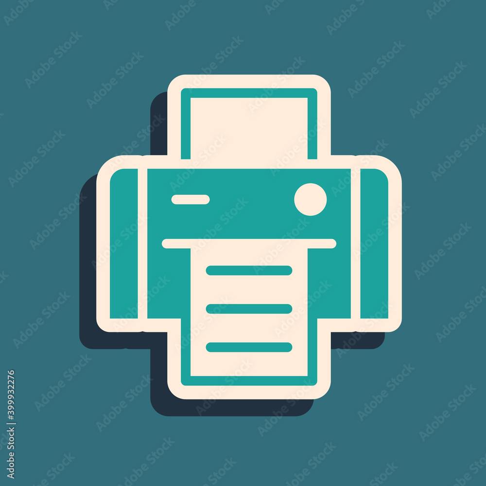 Green Printer icon isolated on green background. Long shadow style. Vector. Green Printer icon isolated on green background. Long shadow style. Vector.