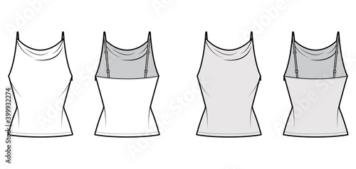 Tank high cowl top technical fashion illustration with thin adjustable straps, slim fit, elongated hem. Flat apparel outwear top template front, back, white, grey color. Women men unisex CAD mockup