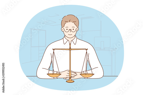 Priorities, measurement, making choice concept. Young businessman sitting at desk with scales and trying to reach balance and find solution vector illustration 