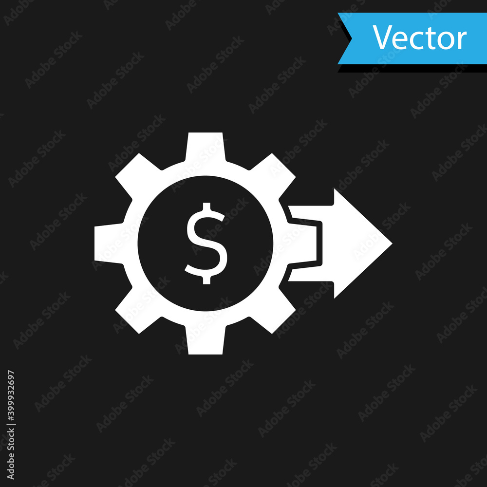 White Gear with dollar symbol icon isolated on black background. Business and finance conceptual icon. Vector. White Gear with dollar symbol icon isolated on black background. Business and finance conceptual icon. Vector.