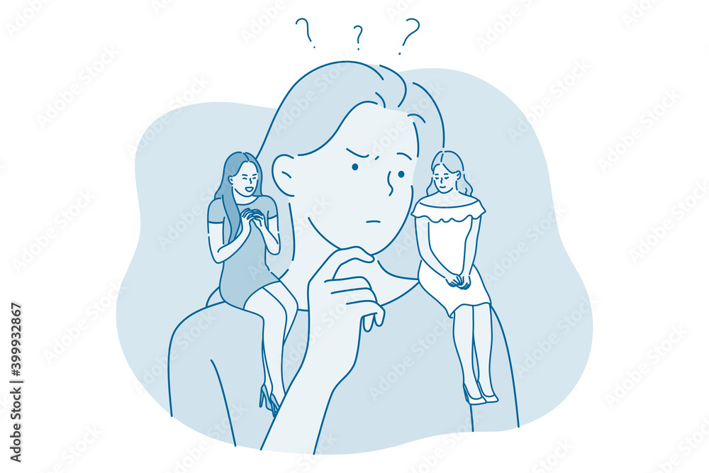 Frustration, doubt, difficult choice concept. Young thinking woman cartoon character standing with two different people on shoulders trying to find best solution and understand what to do Frustration, doubt, difficult choice concept. Young thinking woman cartoon character standing with two different people on shoulders trying to find best solution and understand what to do