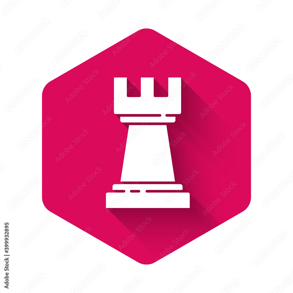 White Chess icon isolated with long shadow. Business strategy. Game, management, finance. Pink hexagon button. Vector. White Chess icon isolated with long shadow. Business strategy. Game, management, finance. Pink hexagon button. Vector.