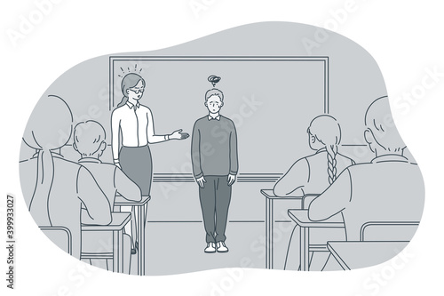 Studying in school, introducing, pupil and teacher concept. Teacher introducing new stressed frustrated boy pupil to classmates in classroom at school illustration