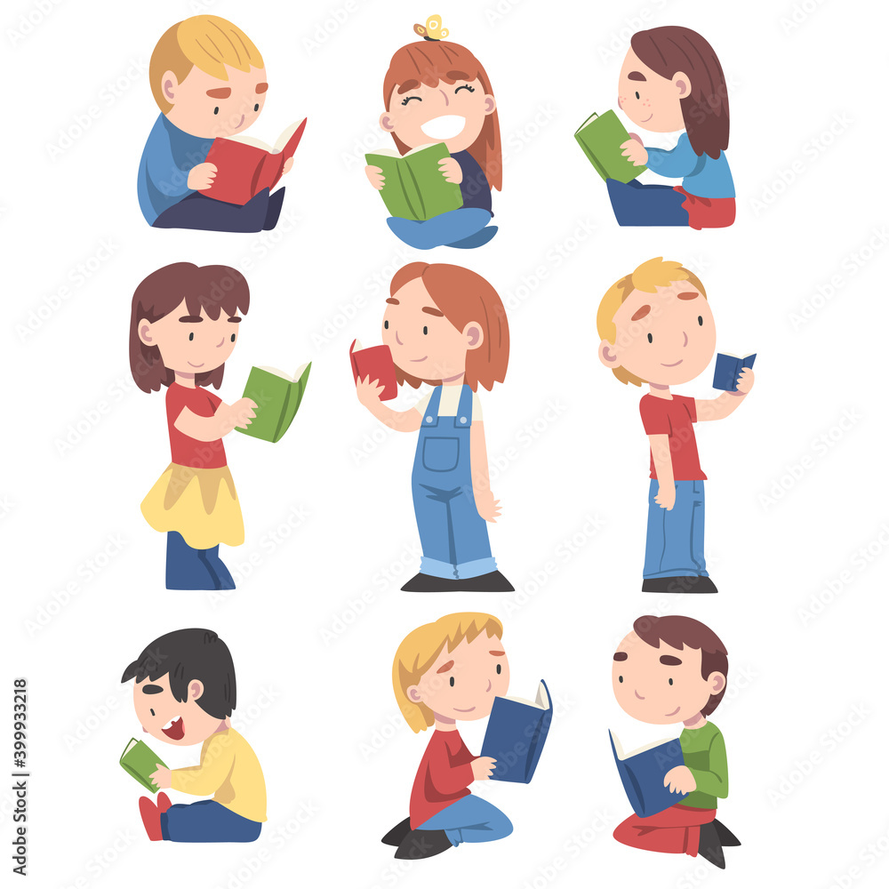 Kids Sitting On Floor and Reading Books Set, Cute Adorable Boys and Girls Enjoying of Literature Cartoon Style Vector Illustration Kids Sitting On Floor and Reading Books Set, Cute Adorable Boys and Girls Enjoying of Literature Cartoon Style Vector Illustration