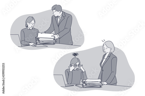 Overwork, burnout, Stress concept. Unhappy depressed stressed young woman office worker getting heaps of new document and tasks and feeling stressed and tired in office. Exhaustion, depression vector 