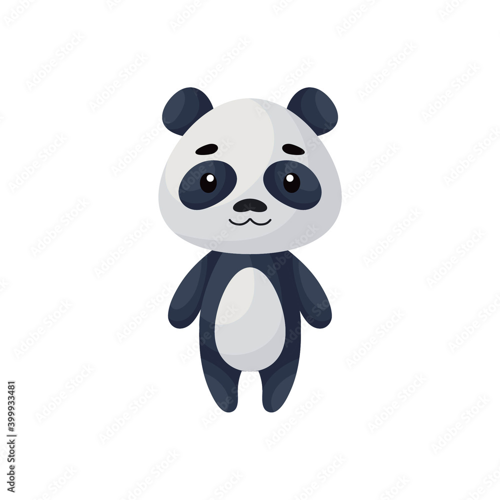 Cute little panda on white background. Cartoon animal character for kids cards, baby shower, posters, b-day invitation, clothes. Bright colored childish vector illustration in ecartoon style.