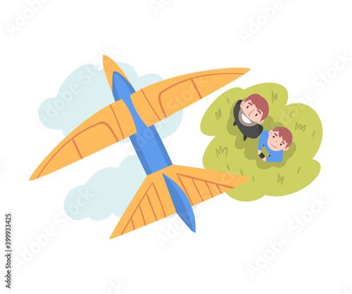 Father and his Son Launching Airplane Model, Happy Parent and Child Spending Time Together Outdoors Cartoon Style Vector Illustration