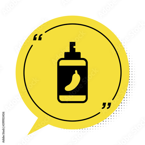 Black Pepper spray icon isolated on white background. OC gas. Capsicum self defense aerosol. Yellow speech bubble symbol. Vector.