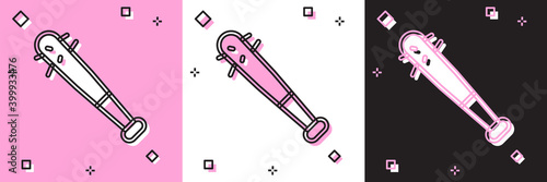 Set Baseball bat with nails icon isolated on pink and white, black background. Violent weapon. Vector.