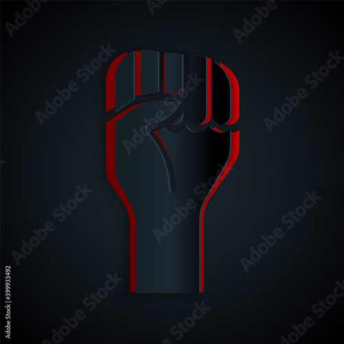 Paper cut Raised hand with clenched fist icon isolated on black background. Protester raised fist at a political demonstration. Empowerment. Paper art style. Vector.
