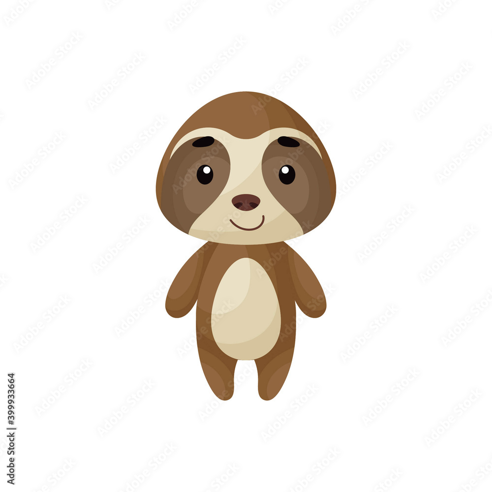 Obraz premium Cute little sloth on white background. Cartoon animal character for kids cards, baby shower, posters, b-day invitation, clothes. Bright colored childish vector illustration in ecartoon style.