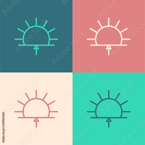 Pop art line Sunrise icon isolated on color background. Vector Illustration.