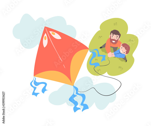 Dad and Son Playing Kite, View from Above, Man and Boy Spending Time Together Outdoors Cartoon Style Vector Illustration
