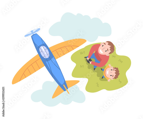 Dad and Son Launching Aeromodel, View from Above of Happy Parent and Son Spending Time Together Outdoors, Aeromodelling Cartoon Style Vector Illustration