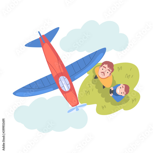 Dad and his Son Launching Aeromodel or Glider, View from Above of Happy Parent and Son Spending Time Together Outdoors, Aeromodelling Concept Cartoon Style Vector Illustration