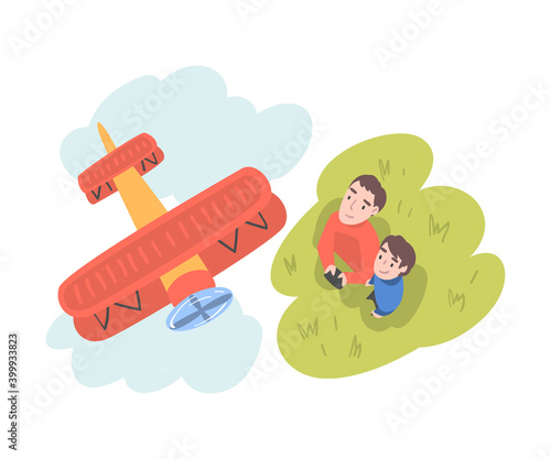 Dad and his Son Launching Biplane Model, View from Above of Parent and Son Watching at Flying Aircraft Outdoors, Aeromodelling Concept Cartoon Style Vector Illustration