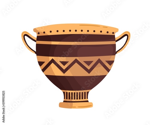 Ancient ornamented vase with handles. Hellenic clay amphora. Greek pottery decorated with ornament. Flat vector cartoon illustration of grecian crockery skyphos isolated on white background