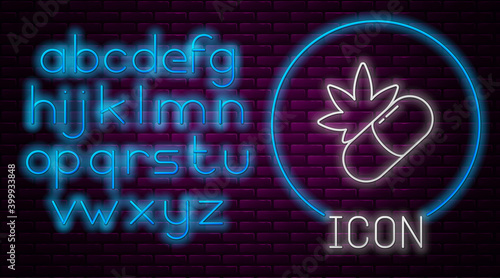 Glowing neon line Medical pills with marijuana or cannabis leaf icon isolated on brick wall background. Mock up of cannabis oil extracts in jars. Neon light alphabet. Vector Illustration.