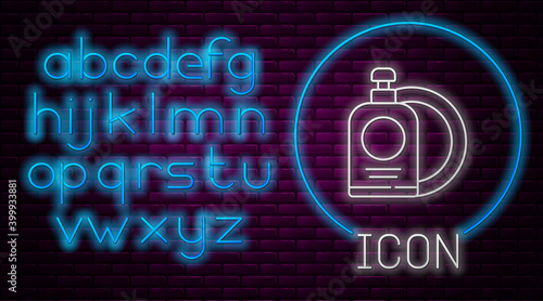 Glowing neon line Dishwashing liquid bottle and plate icon isolated on brick wall background. Liquid detergent for washing dishes. Neon light alphabet. Vector Illustration.