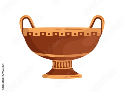 Antique ornamented vase with handles. Ancient clay amphora. Greek pottery decorated with hellenic ornament. Flat vector cartoon illustration of grecian bowl or cup isolated on white