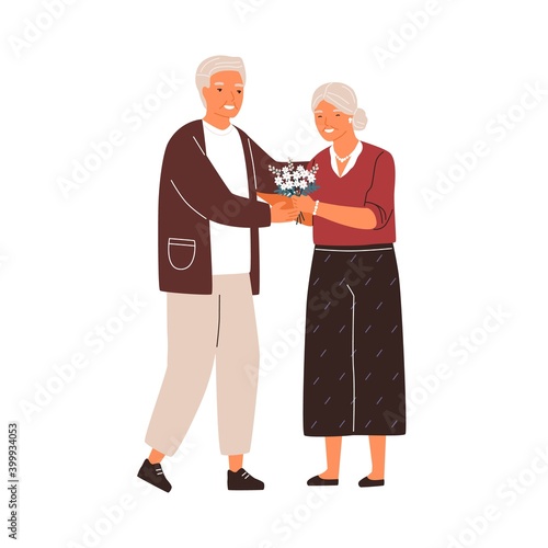 Happy senior family couple hugging. Cute elderly husband giving a bouquet of flowers to wife on romantic date. Lovely scene with old man and woman. Flat vector cartoon illustration isolated on white