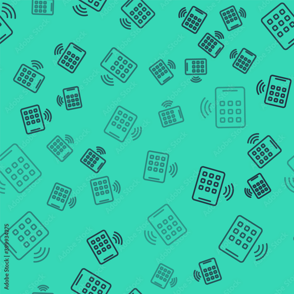 Fototapeta premium Black line Wireless tablet icon isolated seamless pattern on green background. Internet of things concept with wireless connection. Vector.