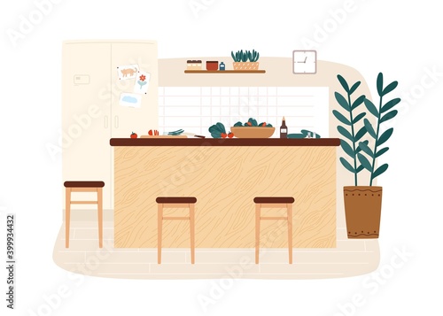 Cozy kitchen interior with fridge, modern table and food ingredient on it. Hygge design of dining room. Dinner preparation at comfortable cooking area. Vector illustration in flat style