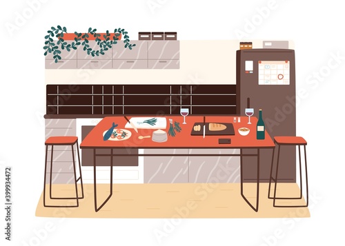 Modern kitchen interior with contemporary table and food ingredients on it. Hygge design of dining room. Dinner preparation at cozy cooking area. Vector illustration in flat cartoon style