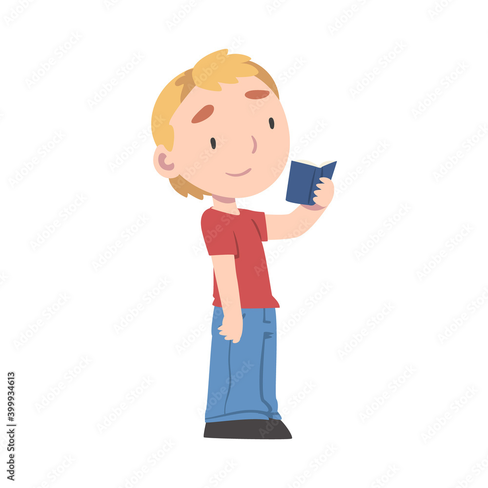 Cute Boy Standing and Reading Book, Adorable Kid Enjoying of Literature, Elementary School Student Character Cartoon Style Vector Illustration Cute Boy Standing and Reading Book, Adorable Kid Enjoying of Literature, Elementary School Student Character Cartoon Style Vector Illustration