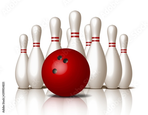 3d realistic vector bowling icon, isolated on white background, red ball.