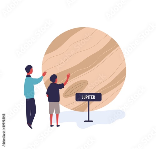 Boys visiting exhibition in planetarium or space museum. Visitors watching model of Jupiter. Children contemplating space planet exhibit. Flat vector cartoon illustration isolated on white
