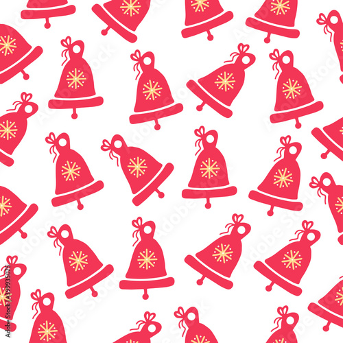 Seamless pattern with hand drawn red bell with ribbon and bow on a white background. Doodle, simple illustration. It can be used for decoration of textile, paper and other surfaces.