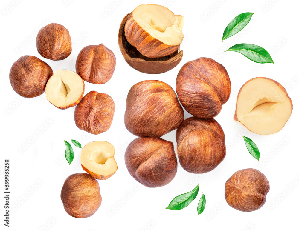Hazelnuts with green leaves isolated on a white background. Creative food layout. Pattern with hazelnuts. Top view. Hazelnuts with green leaves isolated on a white background. Creative food layout. Pattern with hazelnuts. Top view.
