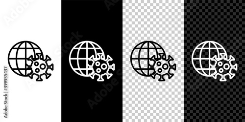 Set line Earth globe with virus icon isolated on black and white background. Corona virus 2019-nCoV. Bacteria and germs, cell cancer, microbe, fungi. Vector..