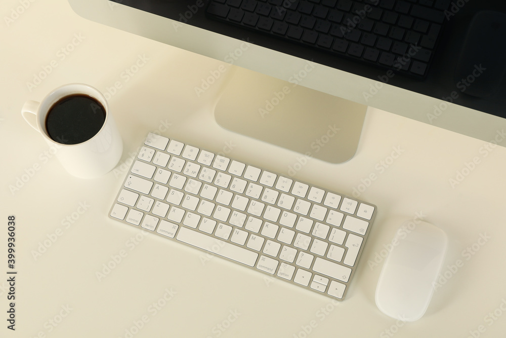 Minimalist workspace concept with desktop computer on white table Minimalist workspace concept with desktop computer on white table